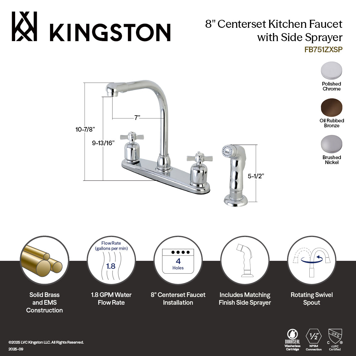 Kingston Tulare FB751ZXSP - Millennium Two-Handle 4-Hole 8" Centerset Kitchen Faucet with Side Sprayer, Polished Chrome — thumbnail 3